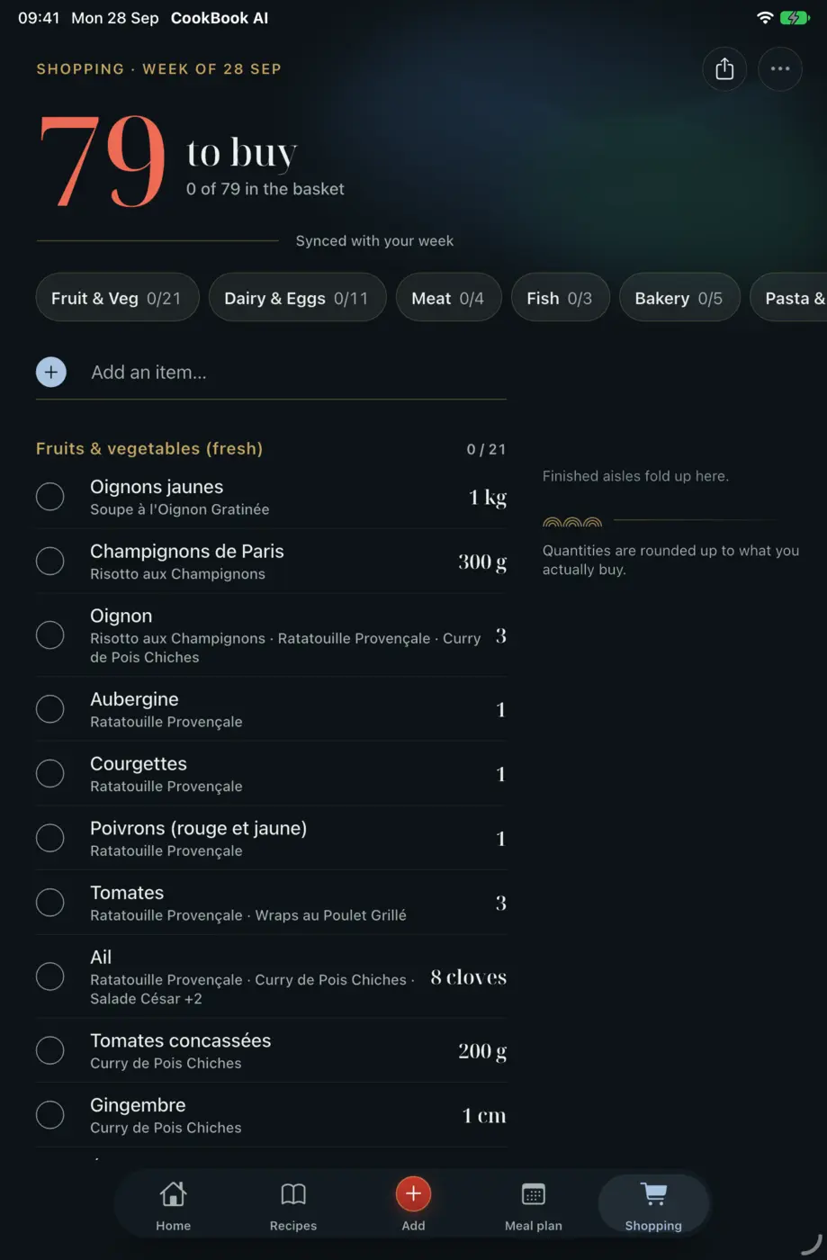 CookBook AI, liste de courses