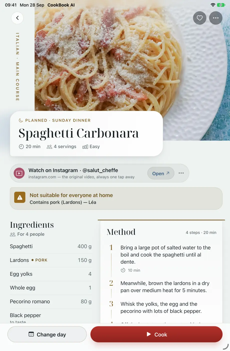 CookBook AI, recette sur iPad